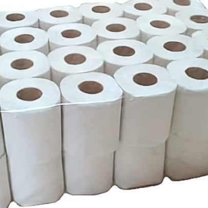 Stack of white toilet paper rolls on a white background