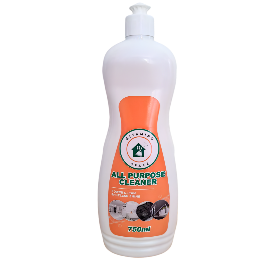 All-purpose cleaner bottle with orange label on a white background