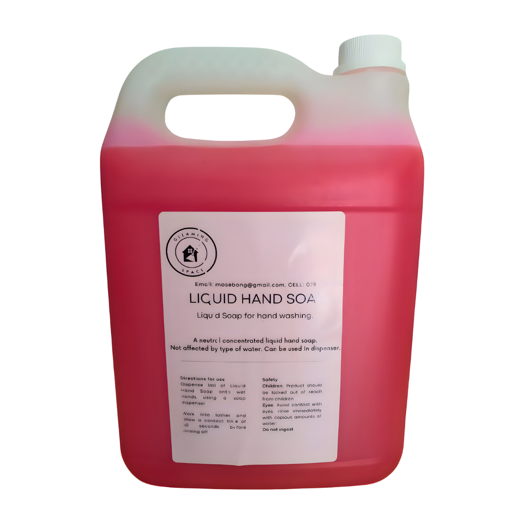 Red liquid hand soap container with a label on a white background
