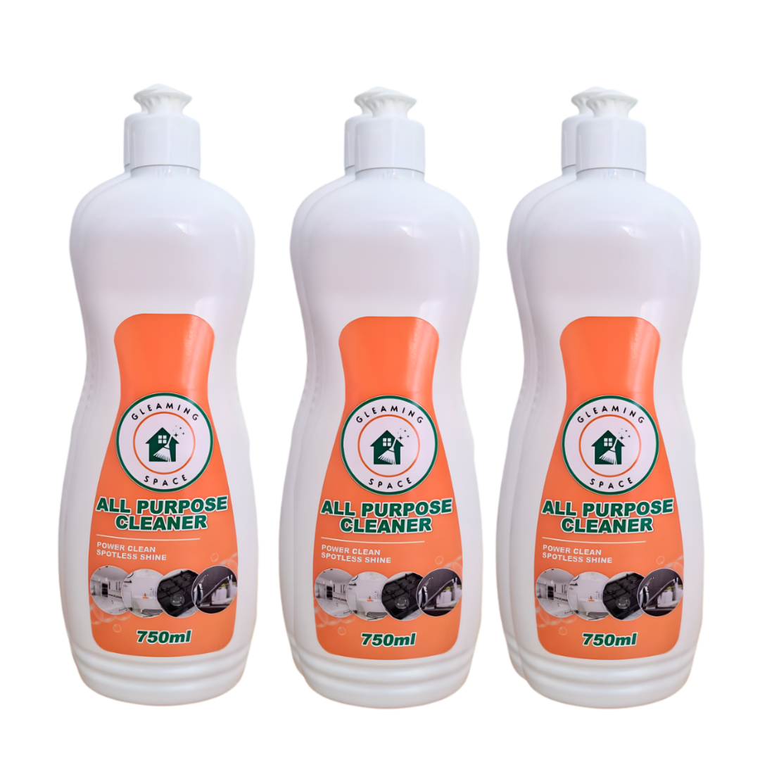 Six bottles of all-purpose cleaner with orange labels on a white background