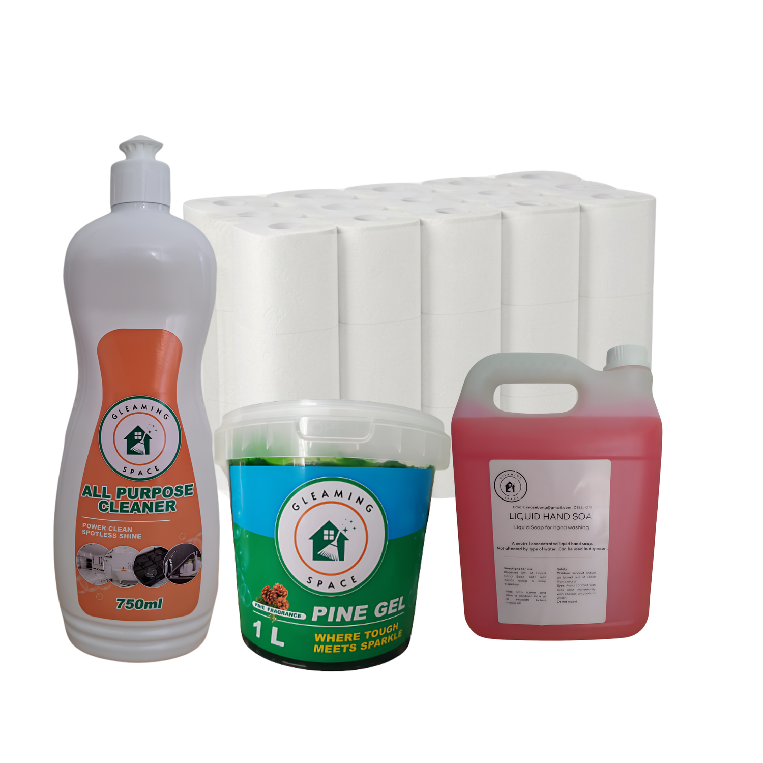 collection of all-purpose-cleaner-toilet-paer-pine-gel-hand-soap