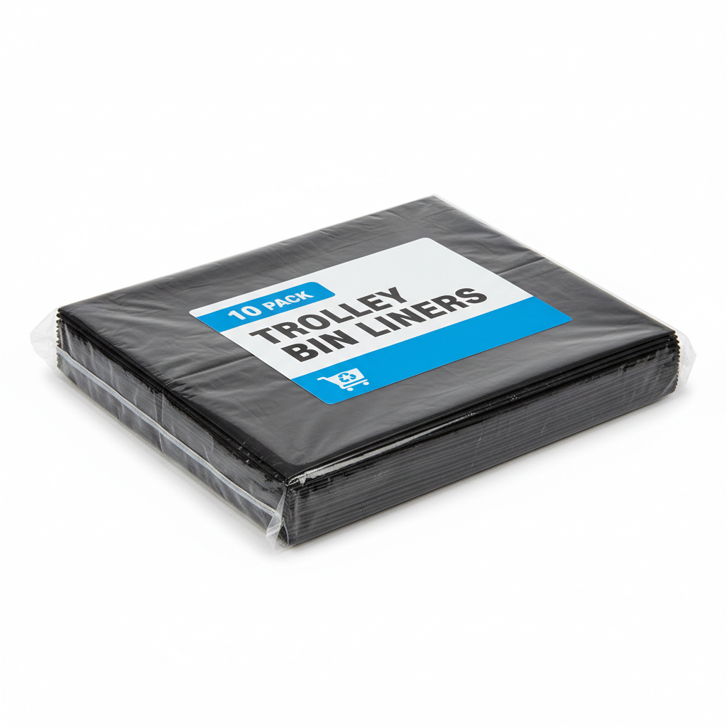 Pack of trolley bin liners with a visible brand logo on a white background
