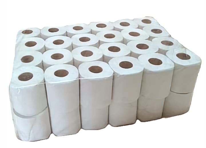 Stack of white toilet paper rolls on a white background