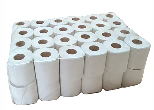 Stack of white toilet paper rolls on a white background
