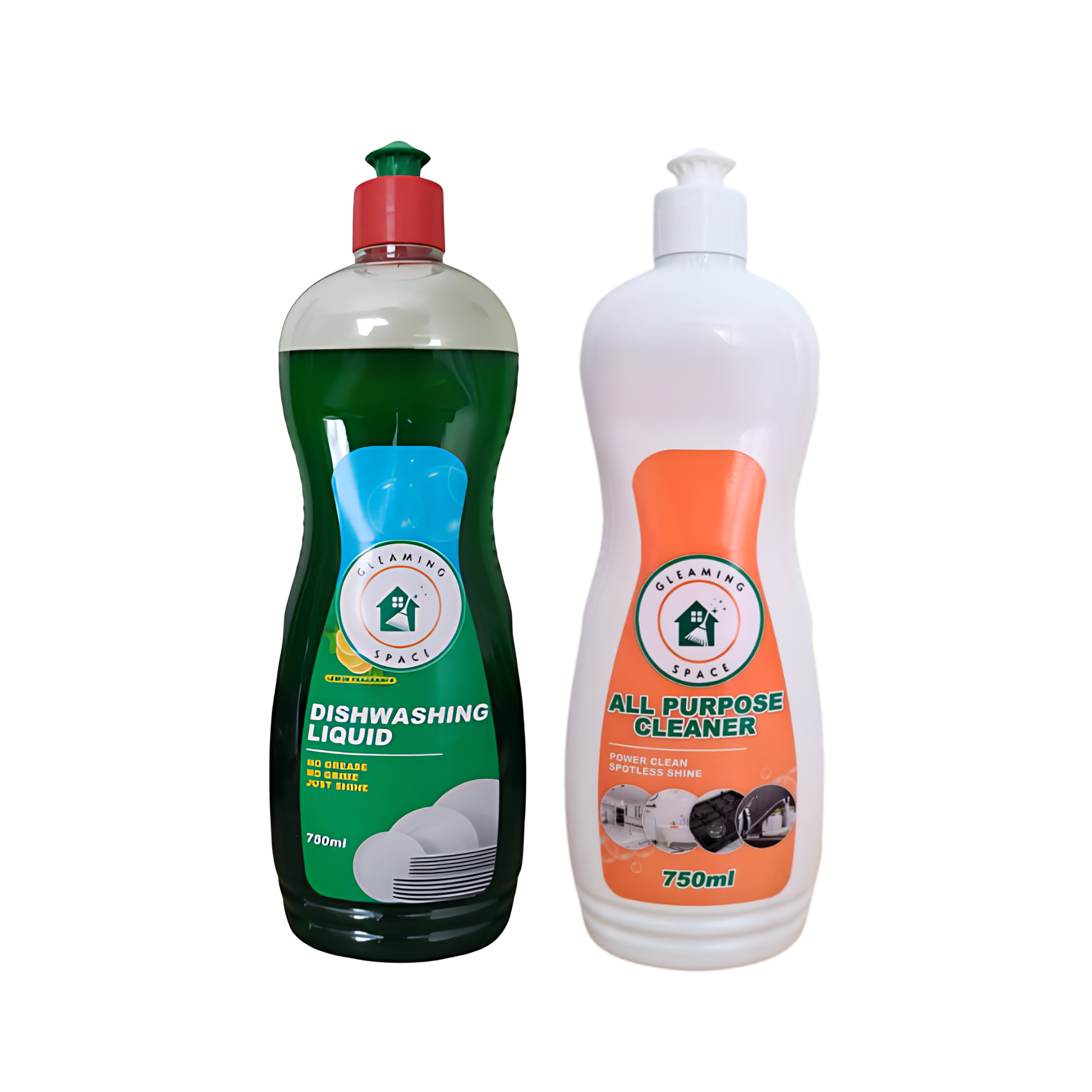 Two bottles of cleaning products on a white background