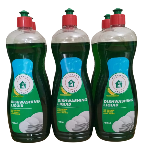Six bottles of dishwashing liquid with green and blue labels on a white background