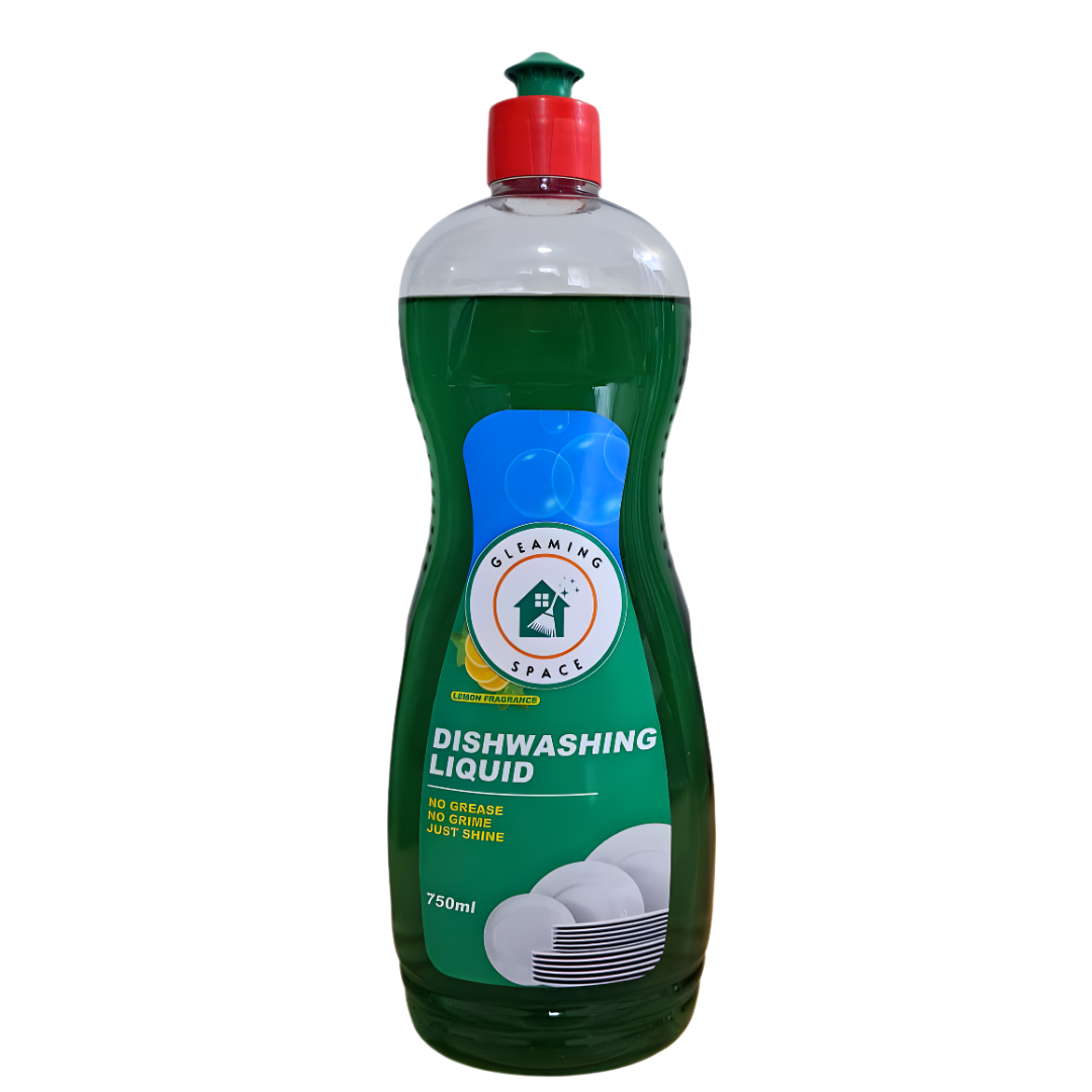 Bottle of dishwashing liquid with a green label on a white background