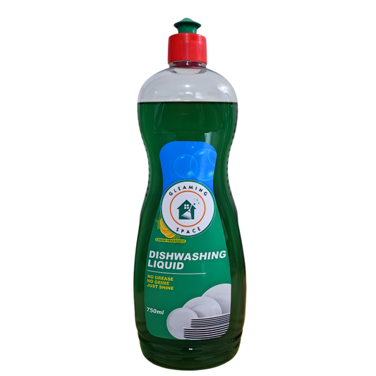 Bottle of dishwashing liquid with a green label on a white background