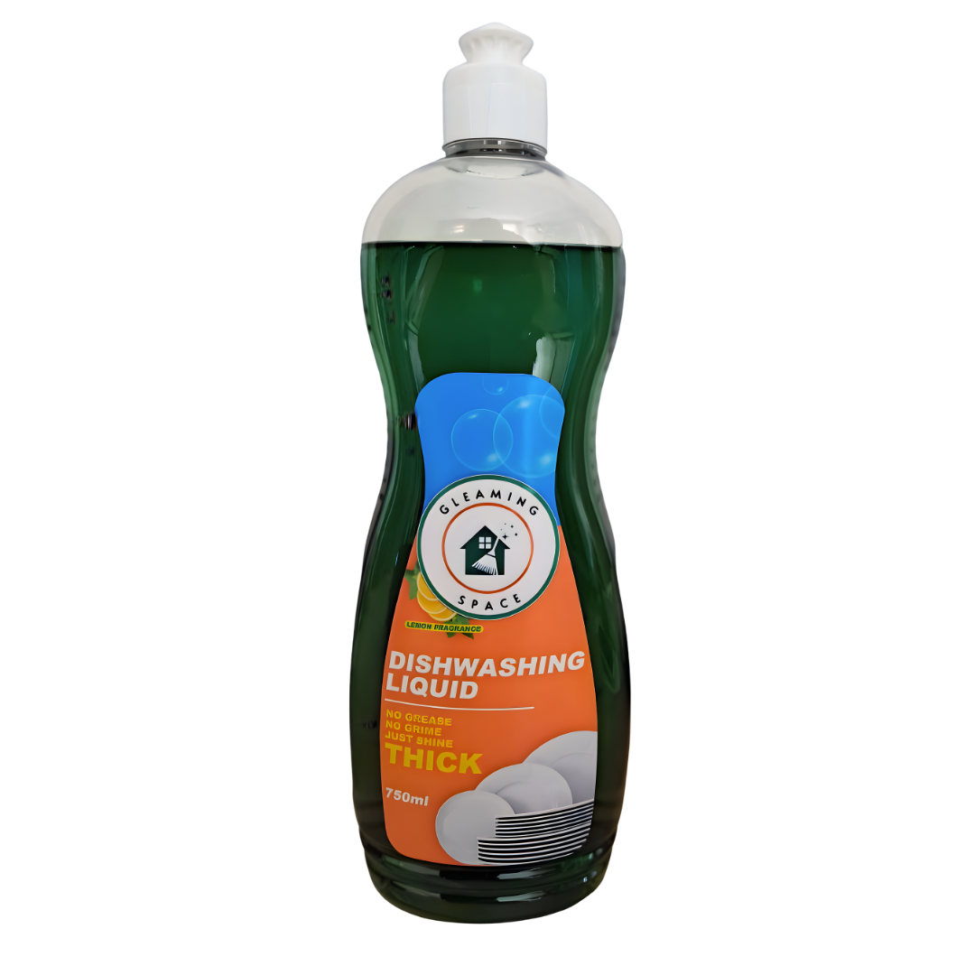 Bottle of Gleaming Spaces dishwashing liquid on a white background