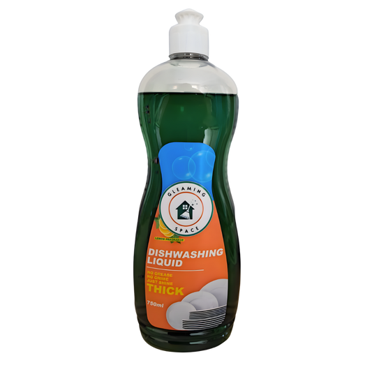 Bottle of Gleaming Spaces dishwashing liquid on a white background
