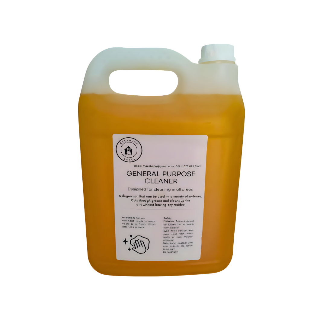 Orange container of general purpose cleaner with a white label on a white background