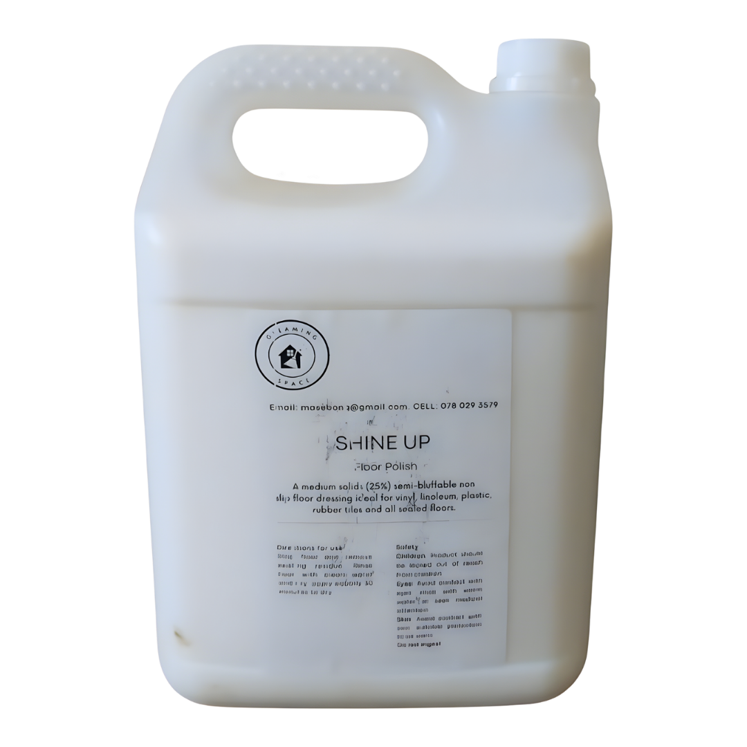 White container of 'Shine Up' floor polish on a white background