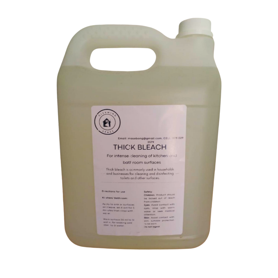 Large container of thick bleach with a label on a white background