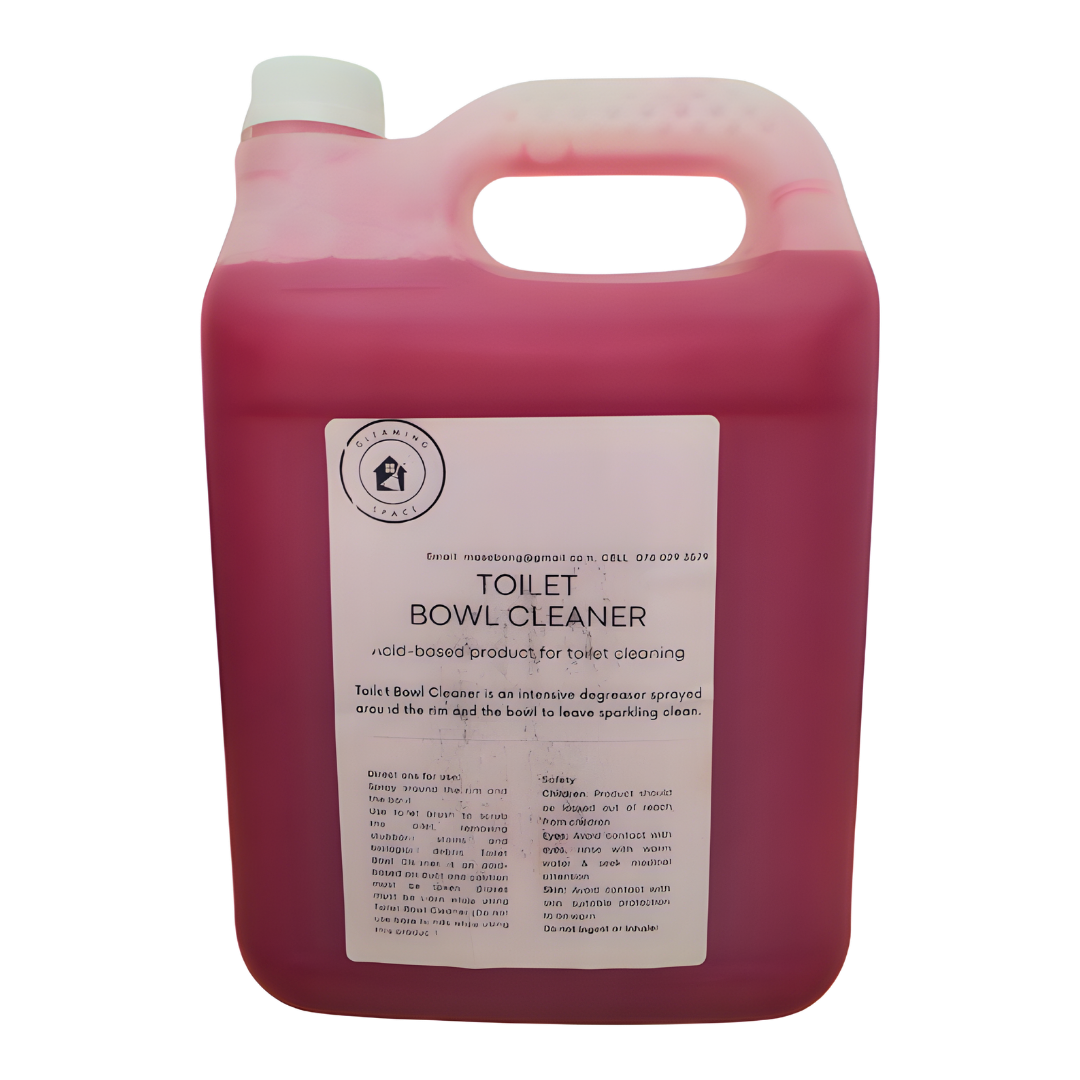 Pink toilet bowl cleaner container with a label on a white background