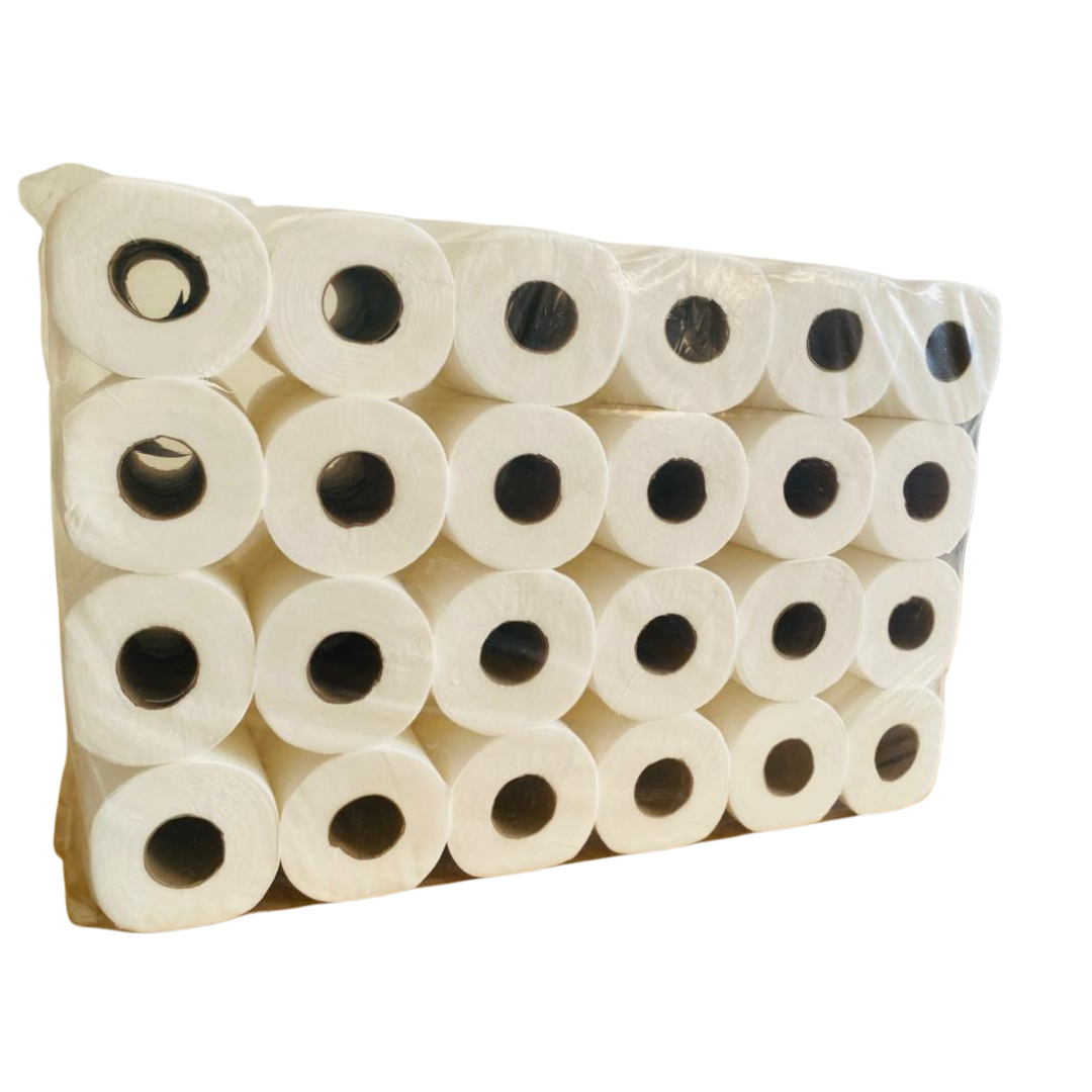 Pack of toilet paper rolls on a white background