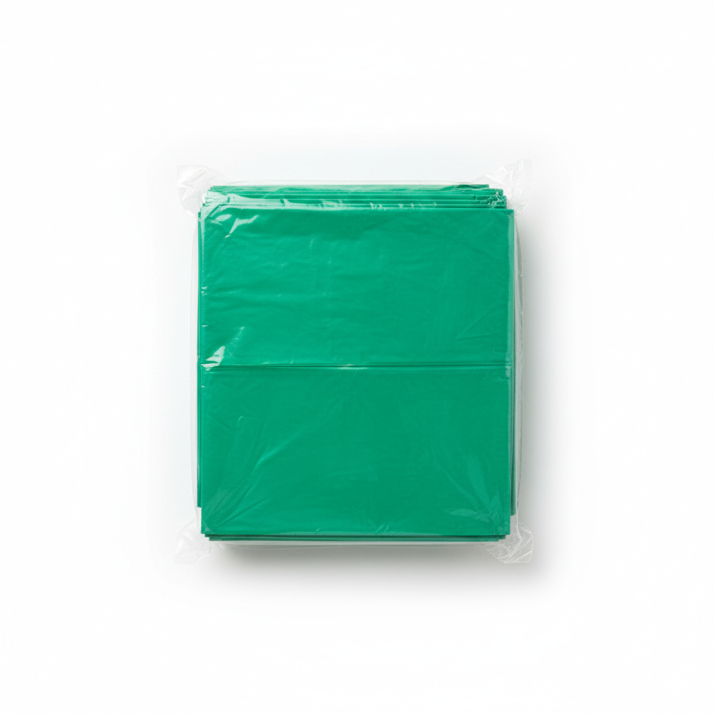 Pack of green paper sheets in clear plastic packaging on a white background