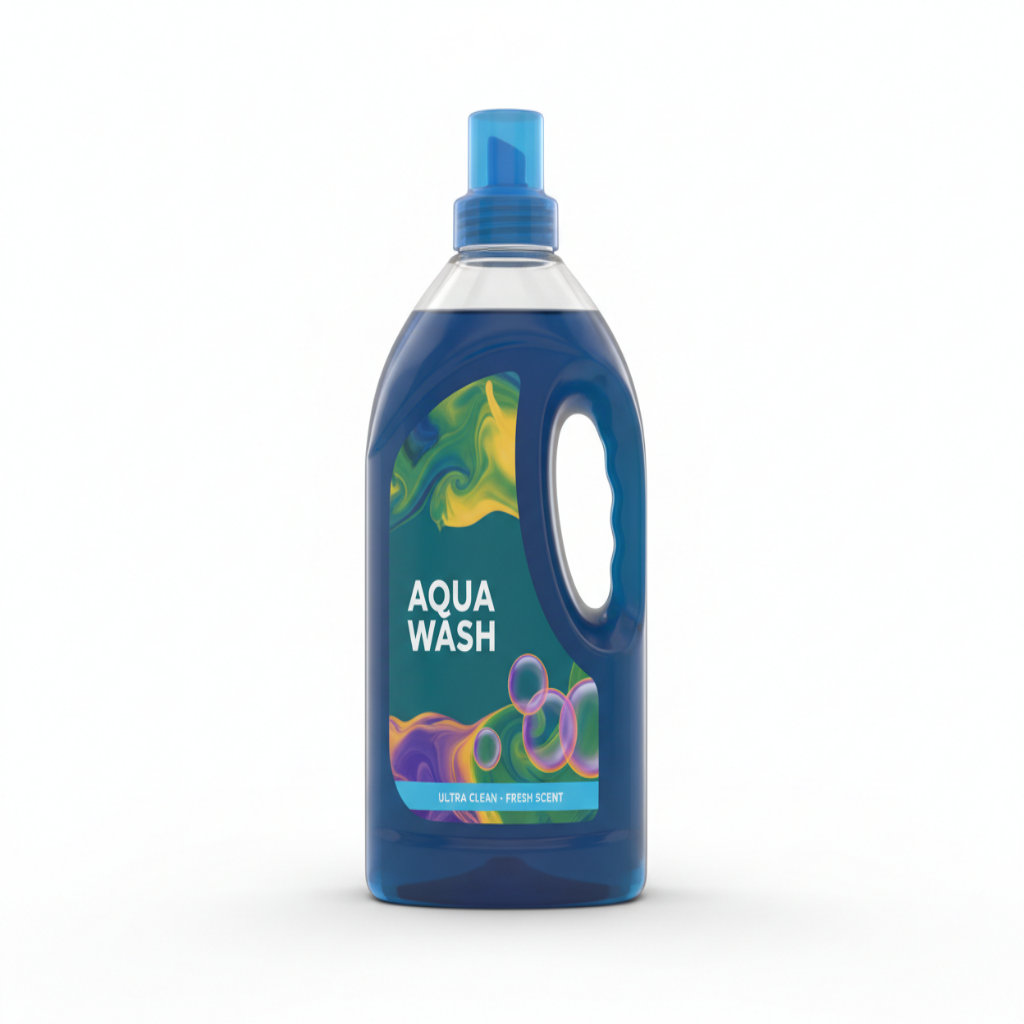 Blue bottle of Aqua Wash laundry detergent on a white background