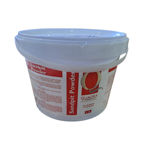 White bucket labeled 'Sandpit Powder' by Quadex on a white background